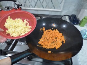 The cooked egg and starting the carrots